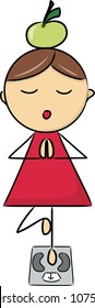 Cartoon girl in yoga pose on scales. Healthy living. Vector.