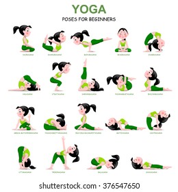 Cartoon girl in Yoga poses with titles for beginners isolated on white background. Yoga Poses Infographic Elements with captions. Vector illustration.