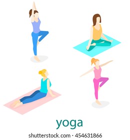 Cartoon girl in Yoga poses with titles for beginners isolated on white background. Yoga Poses Infographic Elements with captions. Vector illustration.