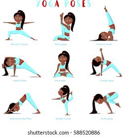 Cartoon girl in yoga poses with titles isolated on a white background. Vector illustration.