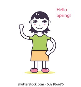 Cartoon girl or young woman waving hello spring.