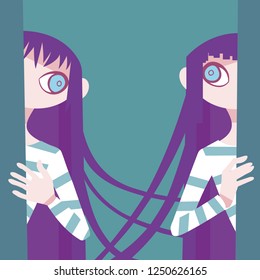 Cartoon girl. Zodiac sign. twins girls in striped clothes peeking out. Vector illustration