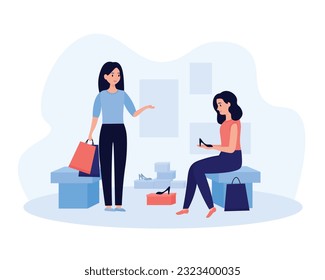 Cartoon girlfriends choose new shoes in store. Young people doing shopping. Making purchases from sale in fashion boutiques. Modern consumerism society. Vector illustration