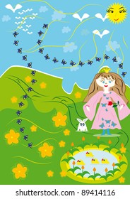 cartoon girl-princess walks on a summer meadow
