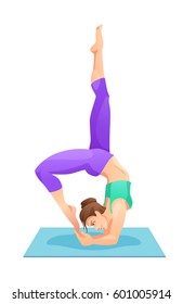 Cartoon girls in asana on yoga mat. Fitness young woman characters. Decorative Isolated vector illustration on white background. 