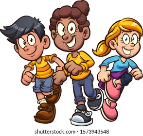 Cartoon girls and boy running at camera clip art. Vector illustration with simple gradients. Each on a separate layer. 
