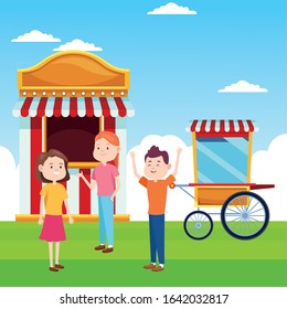 cartoon girls and boy at ticket booth and popcorn cart over landscape background, colorful design, vector illustration