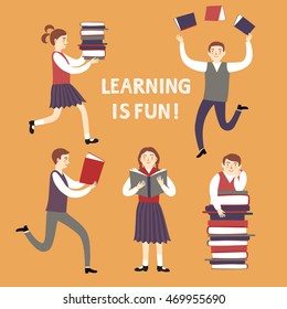 Cartoon girls and boys with books. Learning is fun title. Vector illustration about school and education