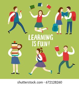 Meninas de desenhos animados e meninos com livros. Aprender é um título divertido. Ilustração vetorial sobre escola e educação