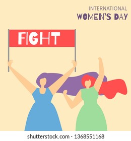 Cartoon Girls Characters Fighting for Rights and Equality, Protesting, Establishing Rules Text on Streamer Motivate Feminist Flat Card International Womens Day Concept Vector Style Illustration Banner