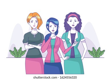 cartoon girls with colorful clothes over white background, vector illustration