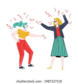 Cartoon girls in conflict - two angry women enemies shouting at each other and gesturing. Flat isolated vector illustration of female fight on white background.