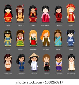 Cartoon girls in different national costumes. Vector illustration of multicultural national woman, people on planet earth. Set of international people in traditional clothes.