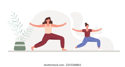 Cartoon girls doing stretching and sports together. Regular physical activity. Time for fitness and yoga. Doing morning exercises. Healthy and active lifestyle. Vector