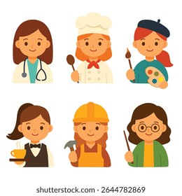 Cartoon girls dressed as doctor, chef, artist, waitress, builder, and teacher on white background. Flat vector illustration in character design style. Childhood professions and career concept 
