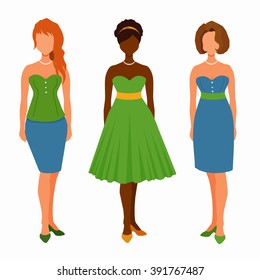 Cartoon girls in dresses, casual outfit, skirt, shoes. Illustration of women without faces. Vector flat girls in feminity clothes. People clipart.