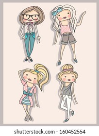 Cartoon girls. Fashion children. Set of cute girls with fashionable clothes, hairstyles and glasses.