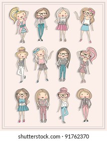 Cartoon girls. Fashion children. Set of cute girls with fashionable clothes, hairstyles and glasses.