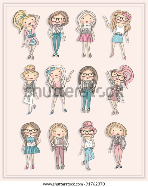 Cartoon Girls Fashion Children Set Cute Stock Vektorgrafik