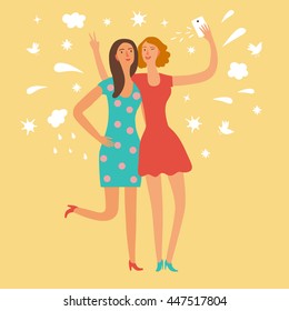 Cartoon girls friends making self photo. Including decorative background with clouds, stars, splash, birds. Characters illustration for your design.