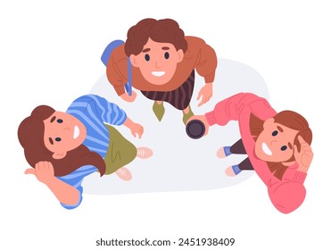 Cartoon girls look upwards. Cute female characters top view look up, women saw something in sky, people looking up view from above flat vector illustration set. Ladies staring up svg