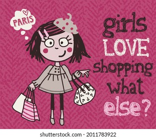 Cartoon Girls Love Shopping What Else Kids T-shirt Design Vector