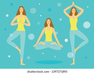 Cartoon girls meditating and levitating set. Relaxation and yoga illustration for your design.
