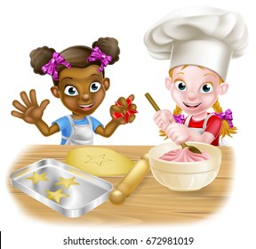 Cartoon girls, one black one white, dressed as chefs or bakers baking cakes and cookies