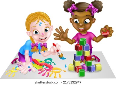 Cartoon Girls Playing Toys Paints Toy Stock Vector (Royalty Free ...