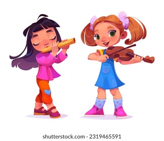 Cartoon girls playing violin and flute isolated on white background. Vector illustration of happy children with music instruments performing at school concert, rehearsal before talent show, art hobby