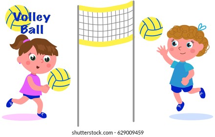 Cartoon girls playing volley ball, vector illustration.