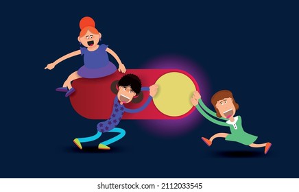 Cartoon girls push the web interface switch. Vector banner