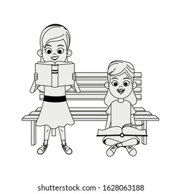 cartoon girls reading books and park bench over white background, vector illustration