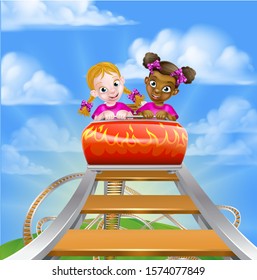 Cartoon girls riding on a roller coaster ride at a theme park or amusement park