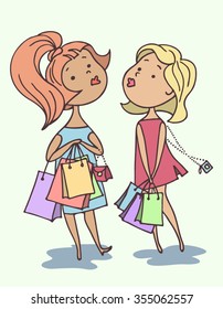 Cartoon girls with shopping bags. Doodle vector illustration