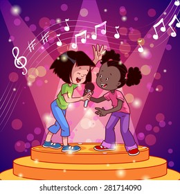 Cartoon girls singing with a microphone. Vector clip art illustration