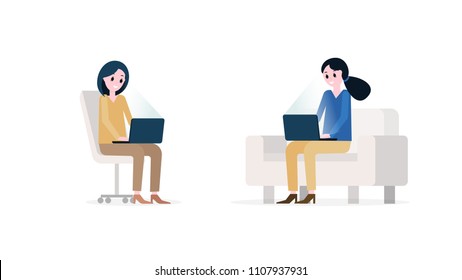 Cartoon girls sitting opposite each other on office chair and sofa and working on notebook pc vector illustration. Freelance education at home concept