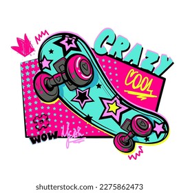 Cartoon girls Skateboard illustration on comics background. Teenager girlish poster with skate and text Crazy, cool, wow. Street art style art. Skateboarding urban print for t shirt design