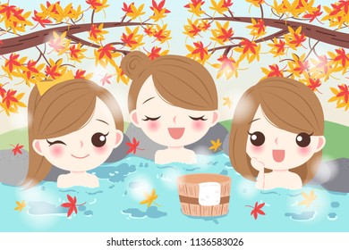 cartoon girls smile happily with hot spring