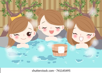 cartoon girls smile happily with hot spring