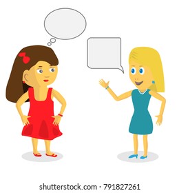 cartoon girls and speech bubble message. Dialog. Vector illustration.