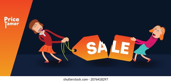 Cartoon girls stretch and tear the price tag with the inscription sale. Vector banner