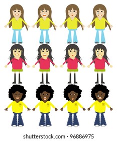 Cartoon girls from various ethnic groups with different emotions