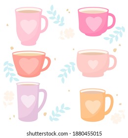 Cartoon girly mugs. 
Set of vector mugs.