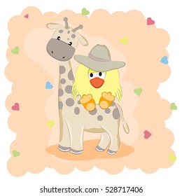 Cartoon Girraffe and chicken. Vector Illustration.T-shirt, baby shower, greeting card design.