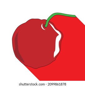 Cartoon glace cherry and stalk with a shadow over a whte background