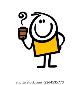 Cartoon glad teenager boy holds a cup of hot coffe and smiles. Vector illustration of stickman with drink in cafe.