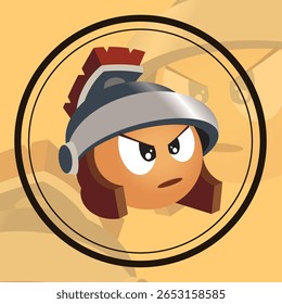 Cartoon gladiator emoji with an angry expression, wearing a detailed helmet with a red plume and ear protectors, inside a black circle.