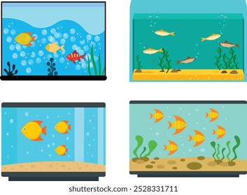 Cartoon glass aquarium tanks. Square and sphere fish bowls and container.