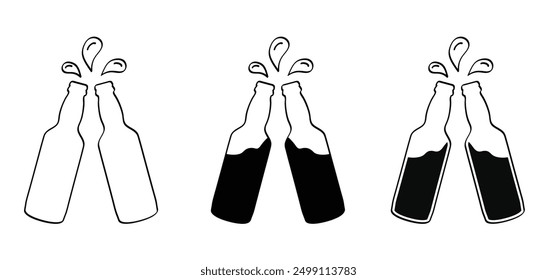 Cartoon glass beer bottle and cheers, line pattern. Beer or or lemonade bottles icon. Beer bottles silhouettes. Alcohol drinks. Alcoholic tools, for  party and drunk  sign. Beer day